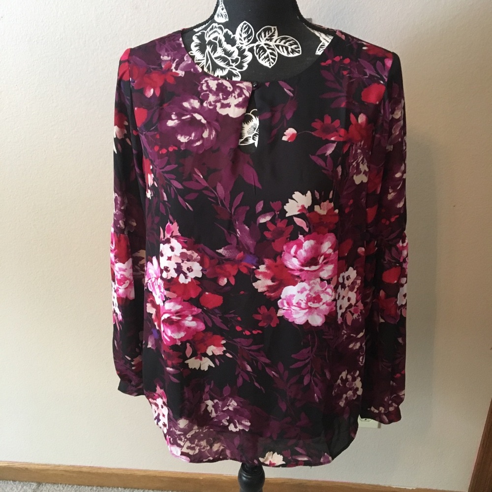 NWT XS ROZ & ALI PEEK-A-BOO FRONT PINK BLACK & PURPLE FLORAL BELL SLEEVED TOP - Picture 1 of 13